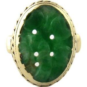 Vintage 14K Yellow Gold Carved Oval Jade Ring, Size 3.5 #311